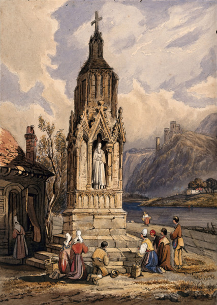 People near a river praying before the figure of a saint on a memorial cross. Creator: Unknown.