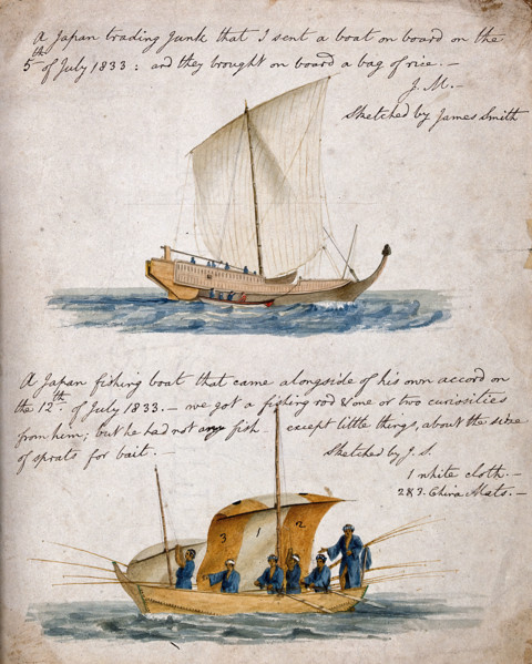 Ship-building: two types of Japanese boat, 1833. Creator: James Smith.