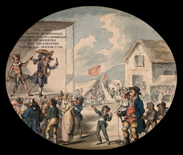 Doctor Humbugallo, an itinerant medicine vendor, selling his wares from a stage..., c1800s. Creator: Thomas Rowlandson.