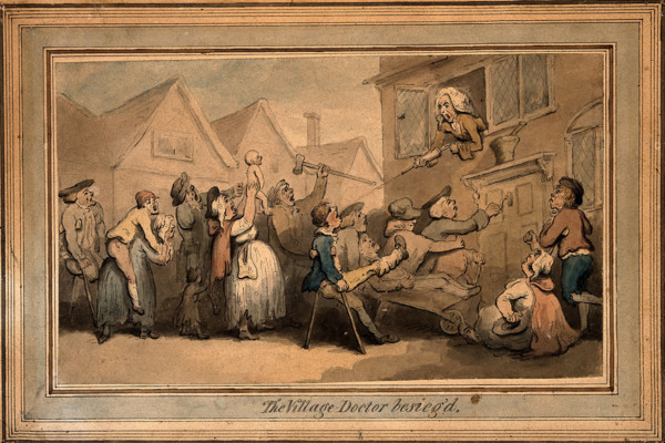 A long queue (line) of angry patients agitating outside the house of a doctor (surgeon..., ([1800?). Creator: Thomas Rowlandson.