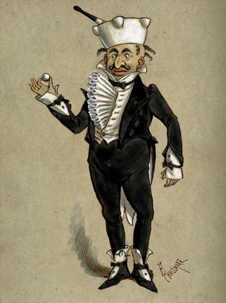 A theatrical figure in a tuxedo wearing a pestle and mortar as a hat..., 1870s. Creator: Archibald Chasemore.