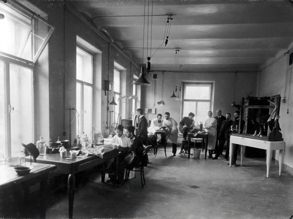 Ten members of staff studying and performing experiments on dogs in the Physiology..., 1904. Creator: Unknown.
