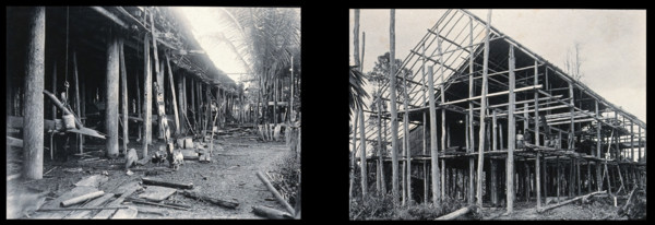 Sarawak: the supporting poles of a Kayan tribal house and a Sea Dayak house under construction. Creator: Unknown.