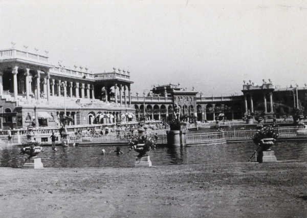Open air baths in Budapest; two large pools separated by railings,...., c1900s. Creator: Unknown.