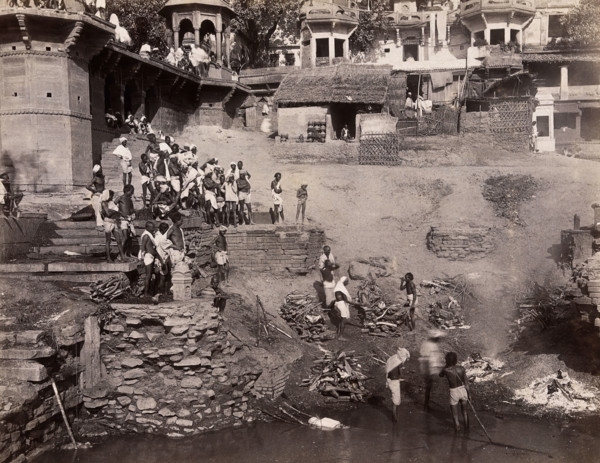 Benares (Varanasi), Uttar Pradesh: corpses being burned and consigned to the river Ganges, 19th cent Creator: Unknown.