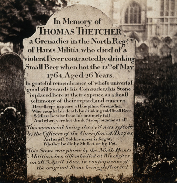 Winchester: tombstone of Thomas Thetcher, who "died of a violent fever contracted by..., 1800-1899. Creator: Unknown.