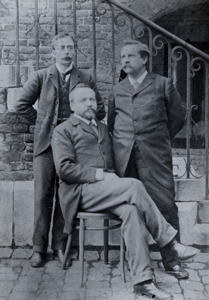 Charles Sherrington (left), Leon Fredericq (seated) and Paul Grützner (right) outside the...(1940?). Creator: Unknown.