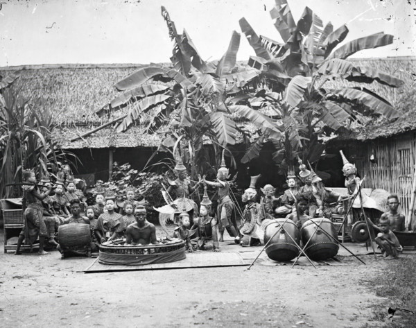 Siam (Thailand): a khon (masked dance drama) and lakhon (acting) troupe, 1865. Creator: John Thomson.