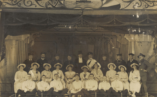 Men on a large stage set, [between 1910 and 1919 and between 1920 and 1929?]. Creator: Unknown.