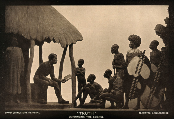 David Livingstone memorial in Blantyre; Livingstone reading the Bible..., c19th century. Creator: Unknown.