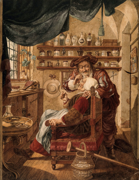 A barber-surgeon extracting stones from a woman's head; symbolising the expulsion of 'folly..., 1787 Creator: Jacob Cats.