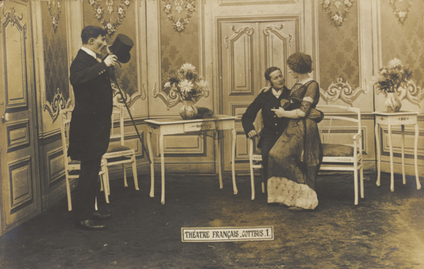French prisoners of war, one in drag, performing a show at a prisoner of war camp in...(1910-1919?). Creator: Unknown.