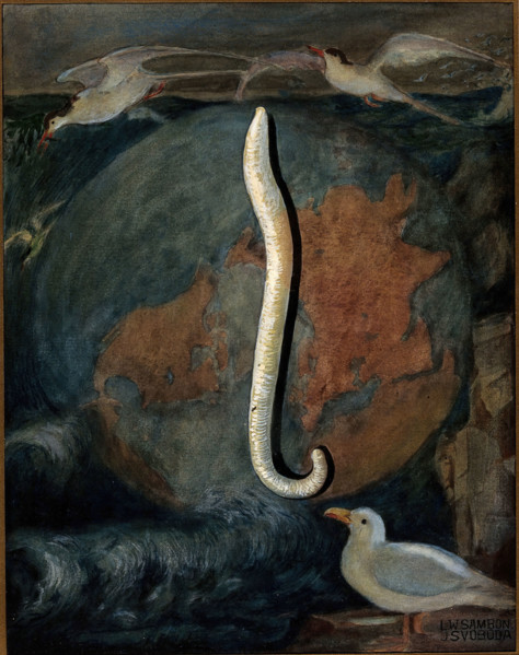 Parasites: a parasitical worm, shown much enlarged, with its hosts, c1930. Creator: J Svoboda.