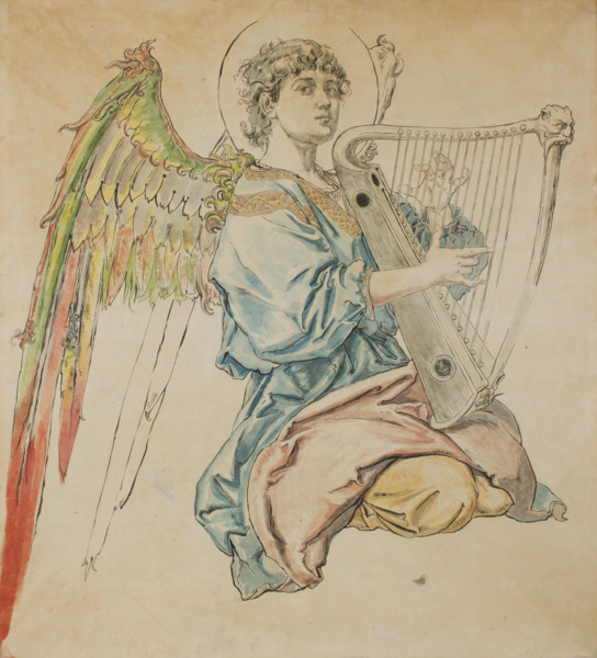 Cardboard for the Polychromy in the St Mary's Church-Figure of an Angel Playing..., 1888-1891. Creator: Jan Matejko.