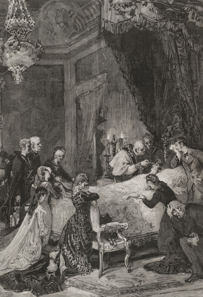 Administering the sacrament of the extreme unction to María de las Mercedes of Orleans, 1878.  Creator: Arturo Carretero y Sánchez.