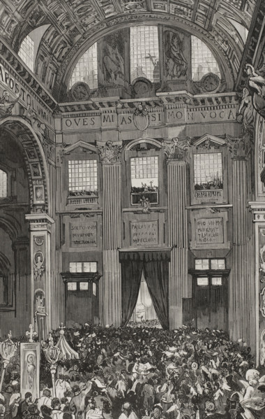 Pope Leo XIII giving his first blessing to the faithful from the inner balcony...1878. Creator: Bernardo Rico.