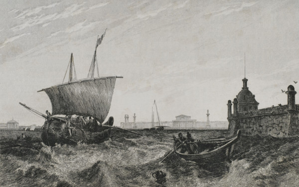 View of the old Stock Exchange building and glimpse of Peter and Paul Fortress..., 1839. Creator: Augustin François Lemaitre.