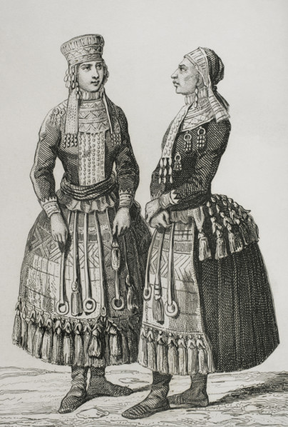 Mordvin women wearing traditional costumes, 1839. Creator: Augustin François Lemaitre.
