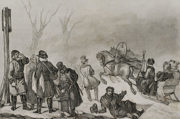 People on skates and on a horse drawn sleigh, Russia, 1839. Creator: Augustin François Lemaitre.