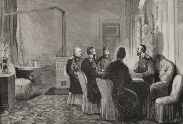 Russo-Turkish War: conference to negotiate the armistice..., Adrianople, 1878 (1878).  Creator: Bernardo Rico.