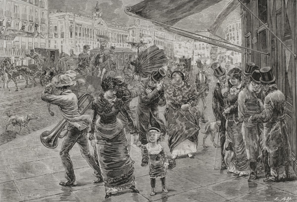 Puerta del Sol (Gate of the Sun), Madrid, 1878. People walking surprised by the wind.  Creator: Enrique Alba.