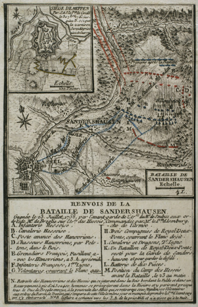 Plan of the Battle of Sandershausen, Germany (July 23, 1758), 1765. Creator: Jean de Beaurain.