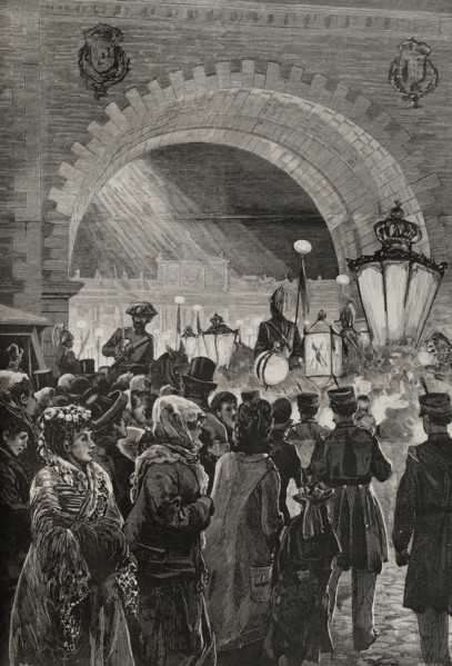 Crowds and soldiers during royal wedding celebrations, Madrid, January 27, 1878.  Creator: Andrés Ovejero.