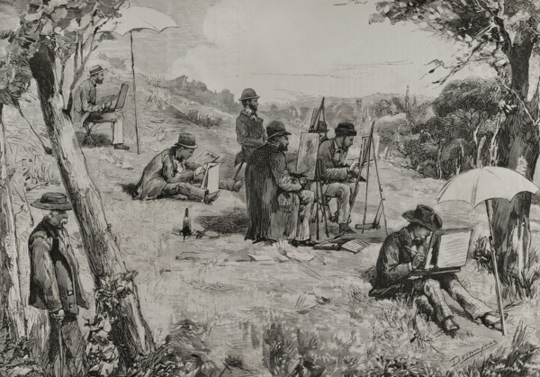 Opponents of the Rome pension schemes drawing near the San Fernando Bridge, Madrid, Spain, 1878.  Creator: Manuel Domínguez.