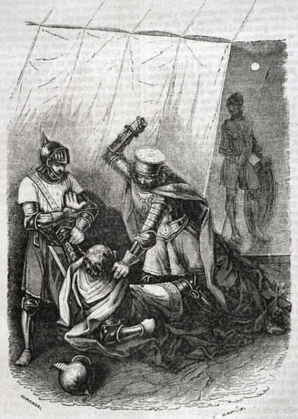 Beltrán Duguesclín and the king's half-brother, Enrique de Trastámara, stabbing King Pedro..., 1852. Creator: Tomás Carlos Capuz.