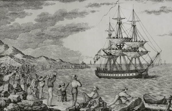 Smallpox vaccination expedition leaving the port of La Coruña, Galicia, Spain, 1803, (1851).  Creator: Unknown.