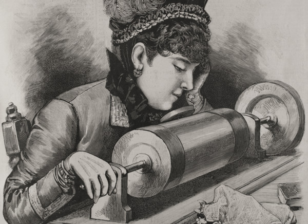 A "prima donna" singing by using Edison's phonograph receiver, 1878. Creator: Unknown.