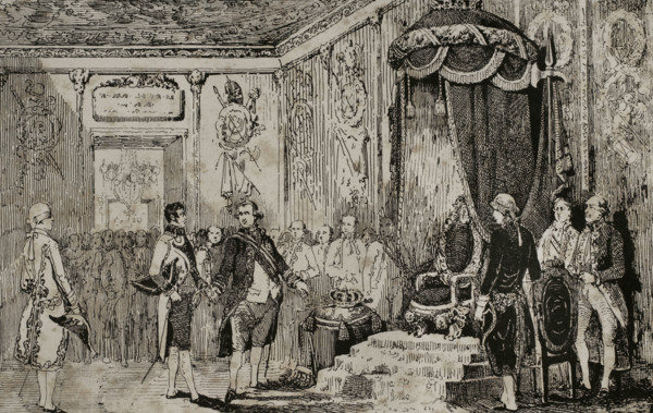Abdication of King Charles IV in favour of his son Ferdinand VII, March 19, 1808, (1851).   Creator: Unknown.