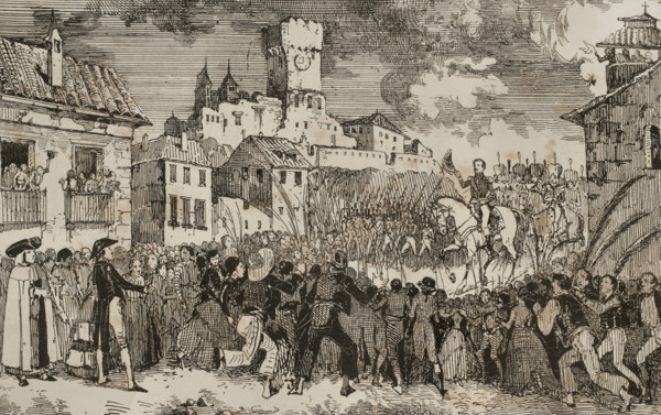 Entry into Spain of French general Pierre Antoine Dupont de l'Etang in 1808, (1851).  Creator: Unknown.
