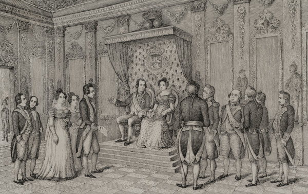 Manuel Godoy in the presence of Charles IV and Maria Luisa of Parma, c1801, (1851). Creator: Unknown.
