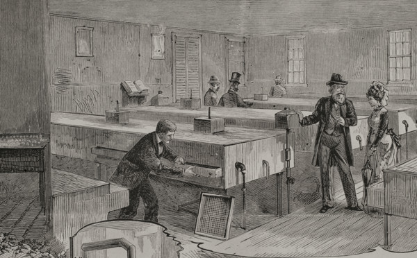 Artificial hatching of hen eggs by the Baker method, incubators room, 1878. Creator: Unknown.