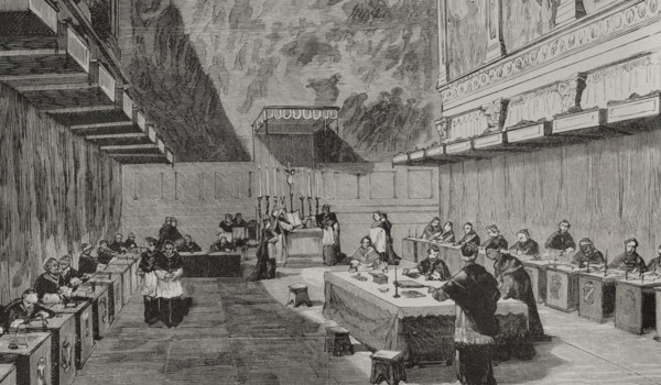 The conclave for the election of Pope Leo XIII, Rome, 1878.  Creator: Unknown.