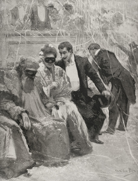 At the dance - carnival scene at the Baile del Real, Madrid, Spain 1898.  Creator: Enrique Laporta Valor.