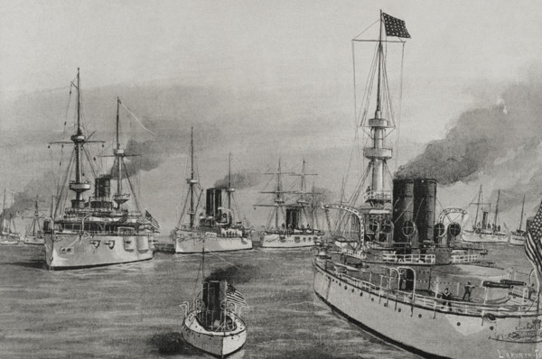 Spanish-American War (1898): from left to right: USS Texas, USS Cushing and USS Indiana, 1898. Creator: Enrique Laporta Valor.