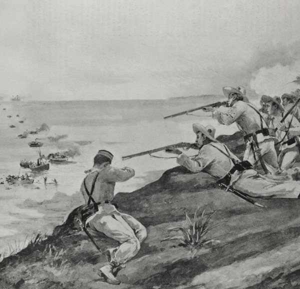 Spanish-American War: Spanish soldiers rejecting the landing of US troops...Cienfuegos (Cuba), 1898. Creator: Enrique Laporta Valor.
