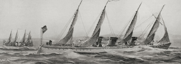 Spanish-American War: Spanish torpedo boats on their way to the island of Cuba, 1898. Creator: Antonio de Caula.