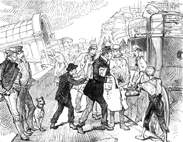 Departure of a Cunard steamer from Liverpool: passengers arriving at the landing-stage, 1881. Creator: Unknown.