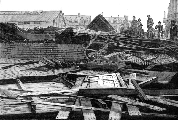 The Late Destructive Gale of Wind: ruins of the iron church at Whitby after the gale, 1881. Creator: Unknown.