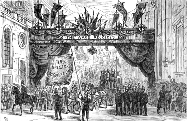 The Lord Mayor's Procession: the Fire Brigade passing the Arch in Lothbury, 1881. Creator: Unknown.