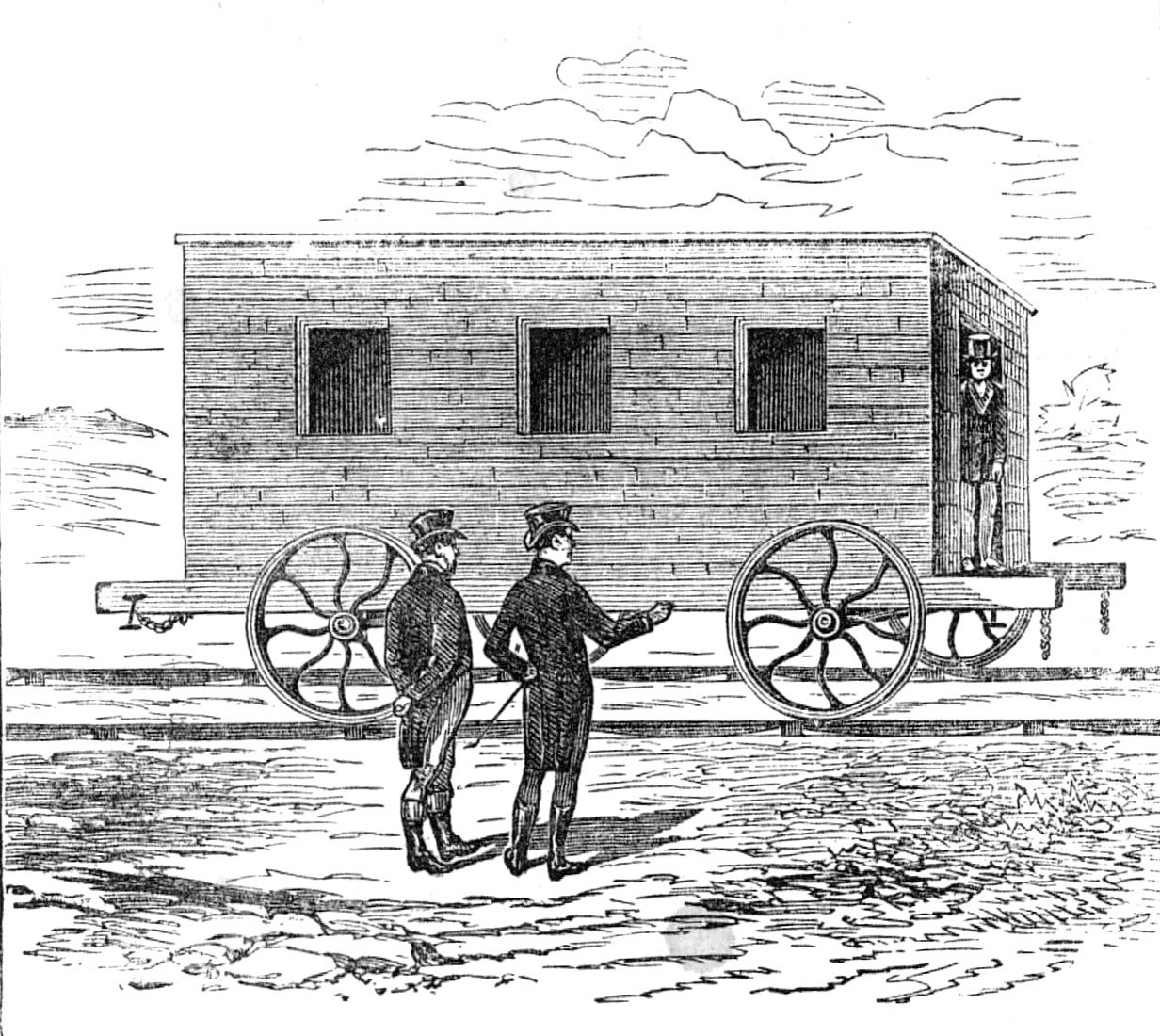 George Stephenson, Father of Railways: the Experiment coach, common car, 1881. Creator: Unknown.