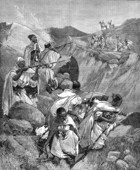 The French Expedition to Tunis: Goums, reconnoitring, attacked by Khroumirs, 1881. Creator: W. I. Mosses.