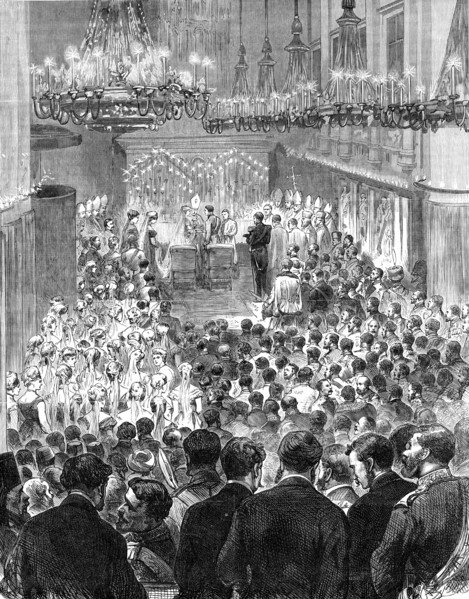 The Imperial Wedding at Vienna: the marriage ceremony in the Palace Church of the Augustines, 1881. Creator: Unknown.