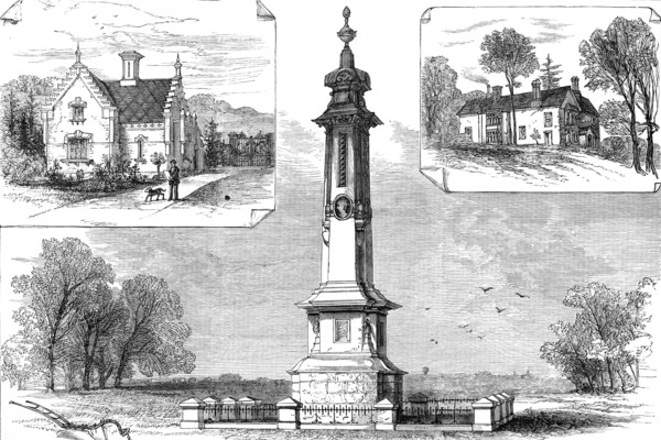 Lodge Gate; Vicarage; monument to the memory of Isaac Disraeli and Viscountess Beaconsfield, 1881. Creator: Unknown.
