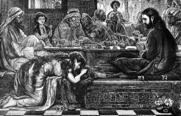 Jesus at the House of the Pharisee, from the picture by F. W. Lawson, 1881. Creator: William James Palmer.