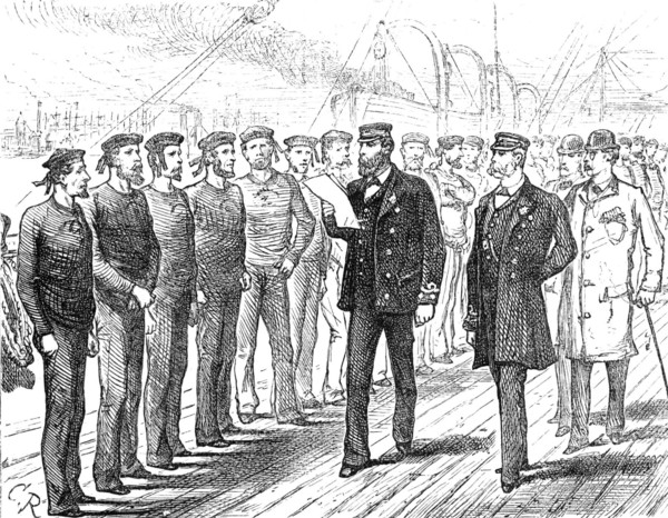 Departure of a Cunard steamer from Liverpool: muster of the crew for inspection, 1881. Creator: Unknown.