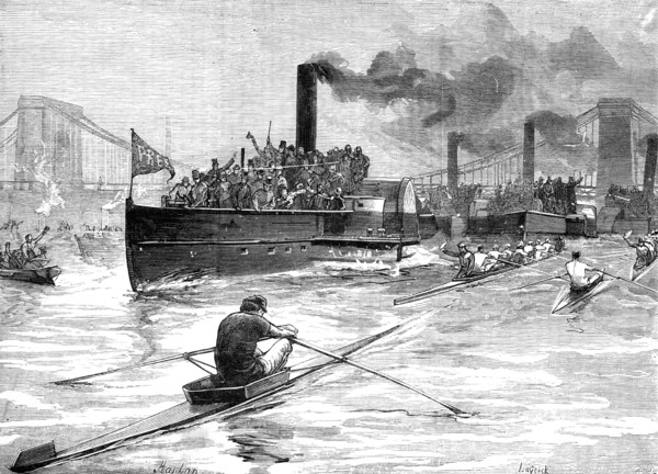 Sculling-race on Monday last for the Championship of the World,...above Hammersmith Bridge, 1881. Creator: Unknown.